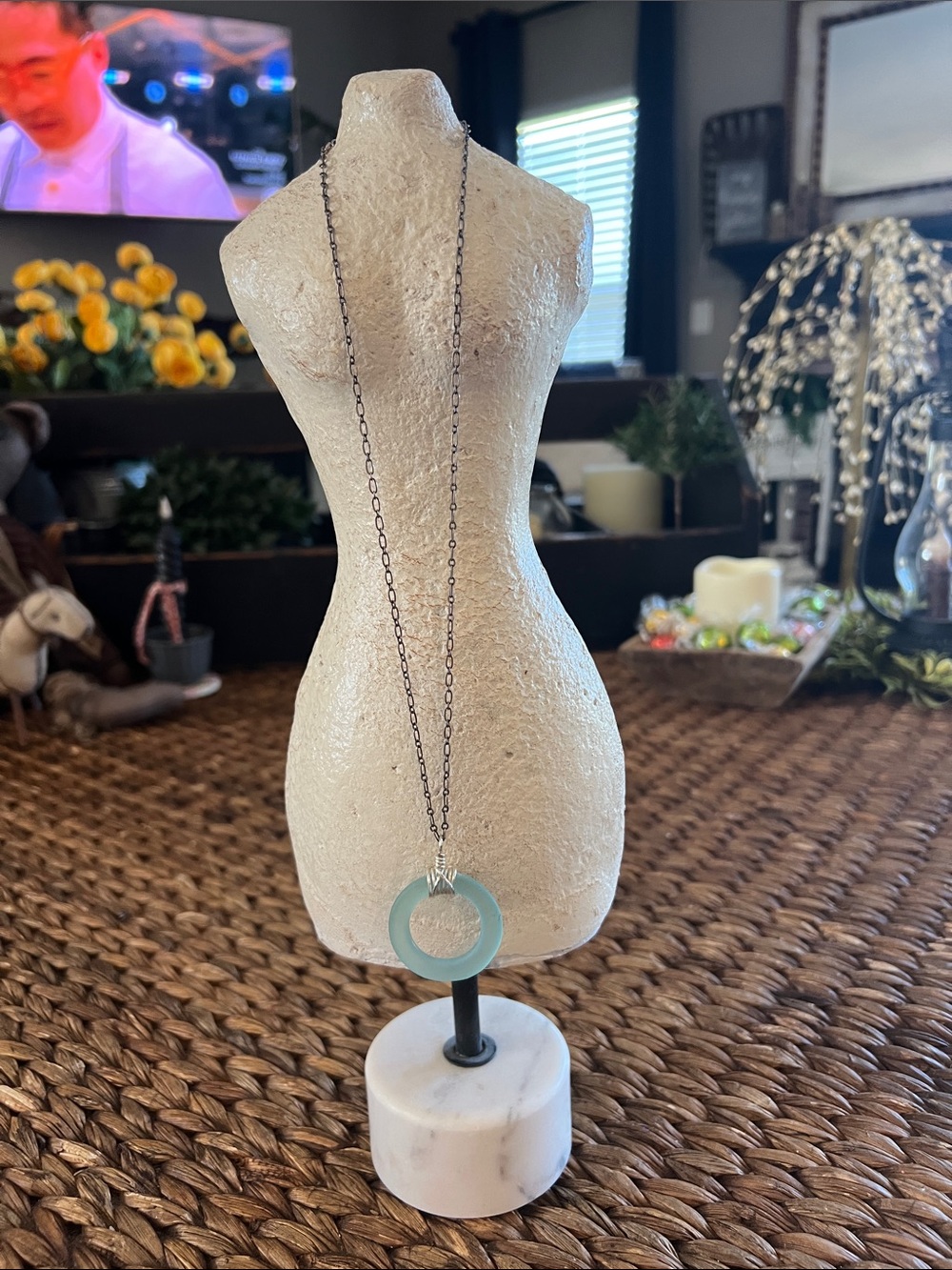 Light Blue Circular Pendant Necklace on Long Chain